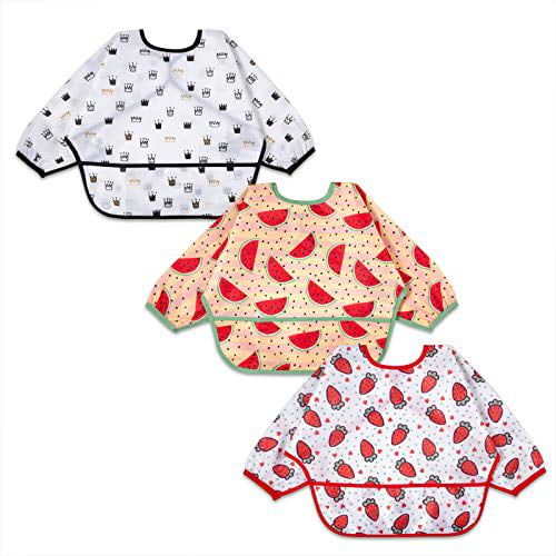 Stain and Odor Resistance Play Smock Apron Baby Waterproof Bibs with Pocket Bundle 3 Pcs Long Sleeved Bib Set Pack of 3 Toddler Bib with Sleeves and Crumb Catcher 6-24 Months 